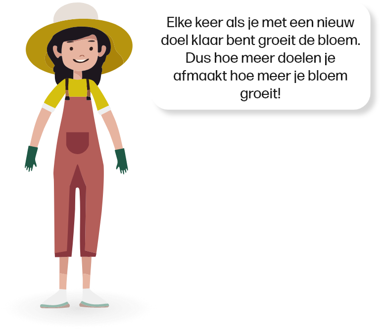 Mascotte berta die zegt 'Elke keer als je met een nieuw doel klaar bent groeit de bloem. Dus hoe meer doelen je afmaakt hoe meer je bloem groeit!'